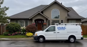 HVAC service van parked in front of a home